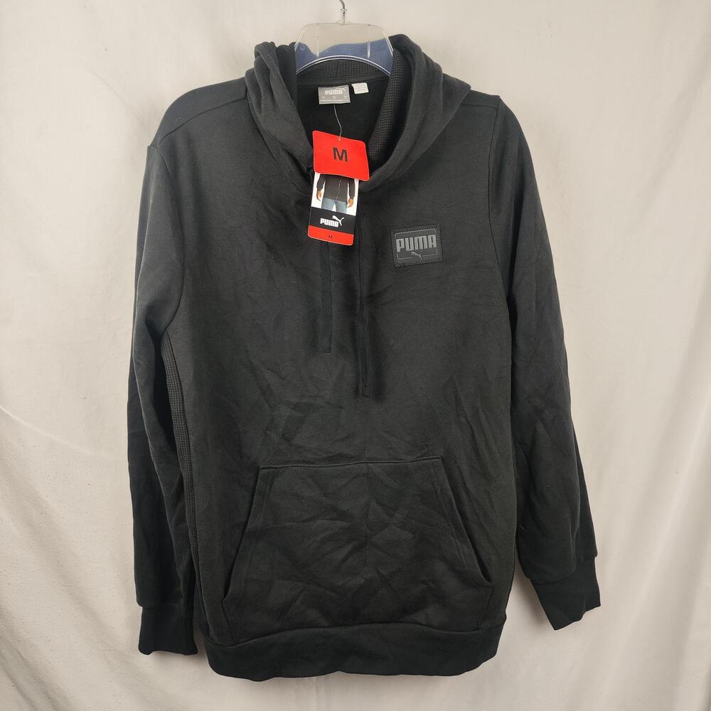PUMA Hoodie Mens Medium Black Fleece Pullover Kangaroo Pocket Logo Sweatshirt